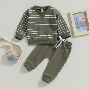 2 Pieces Set Baby Kid Boys Striped Tops And Solid Color Pants Wholesale 231130315