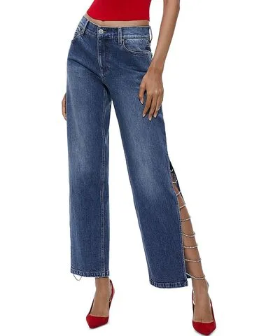 Alice + Olivia Womens Denim Jeweled Straight Leg Jeans