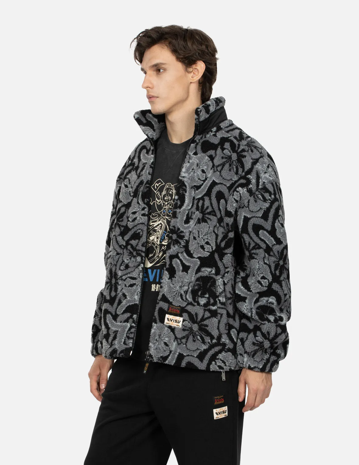 Allover Seagull and Kamon Jacquard Loose Fit Sherpa Jacket