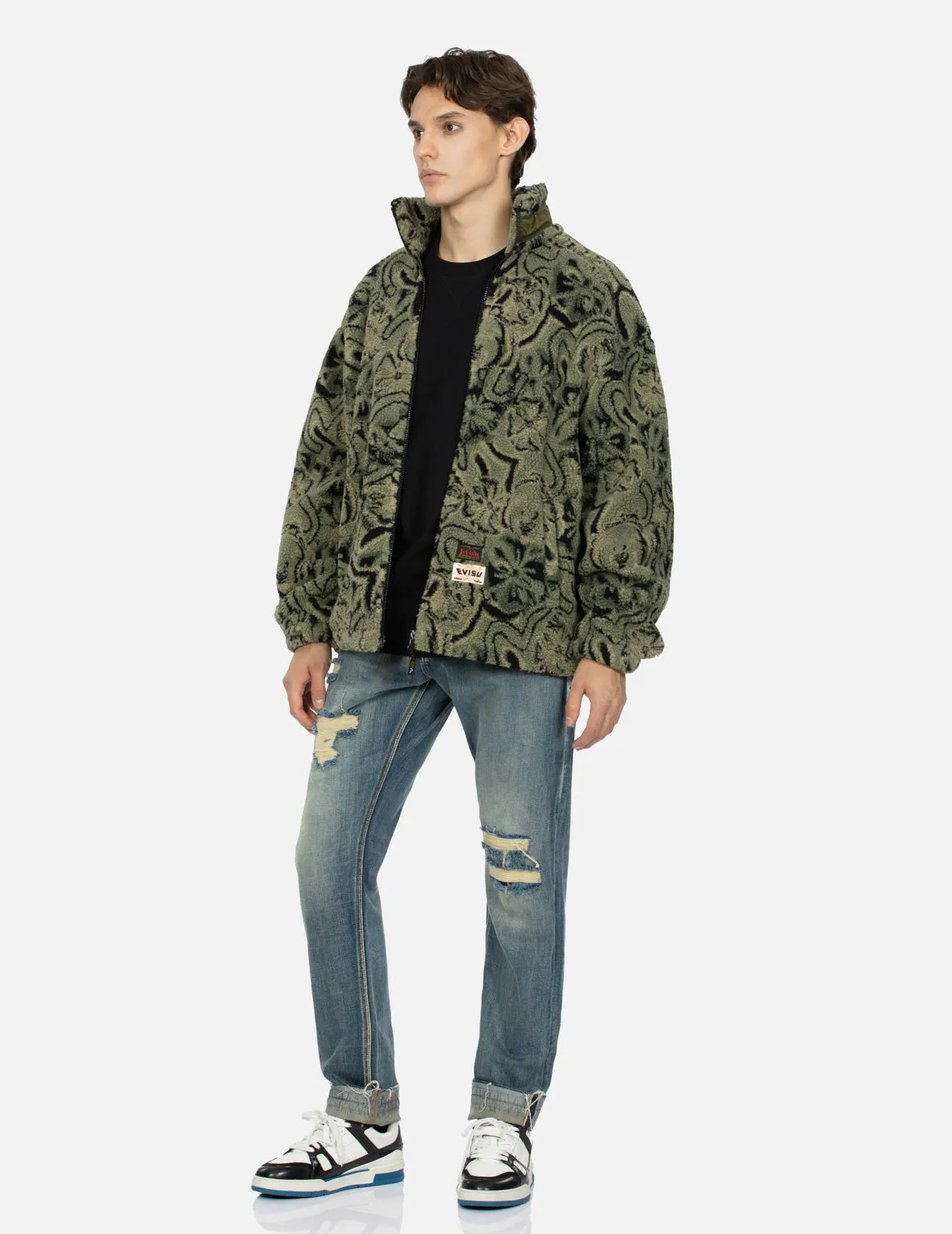 Allover Seagull and Kamon Jacquard Loose Fit Sherpa Jacket