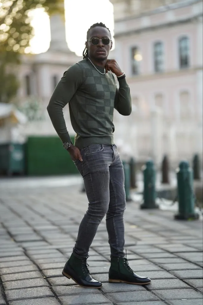 Amber Green Slim Fit Patterned Crewneck Sweater