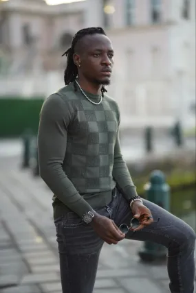 Amber Green Slim Fit Patterned Crewneck Sweater