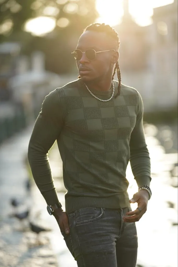 Amber Green Slim Fit Patterned Crewneck Sweater