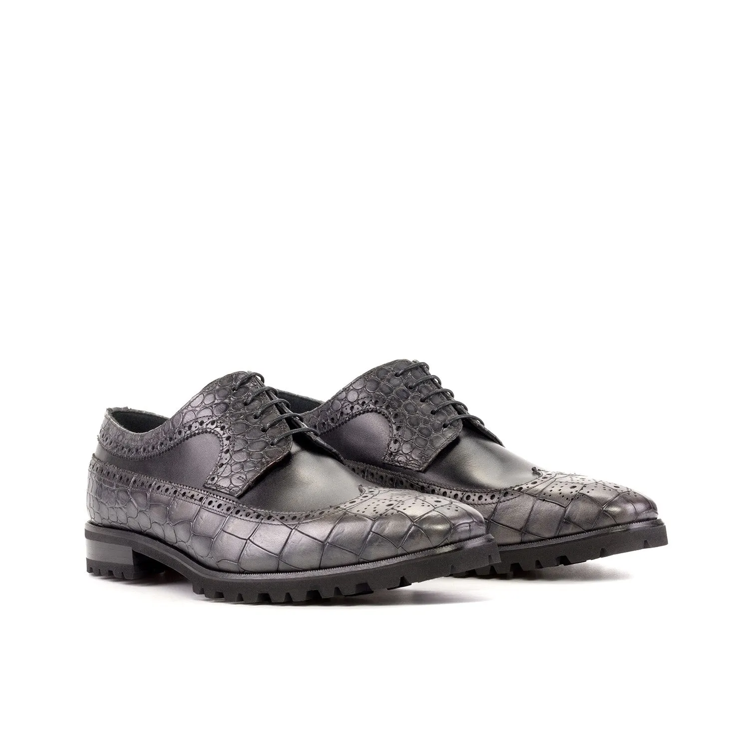 Ambrogio Bespoke Men's Shoes Black & Gray Crocodile Print / Calf-Skin Leather Wingtip Derby Oxfords(AMB2271)