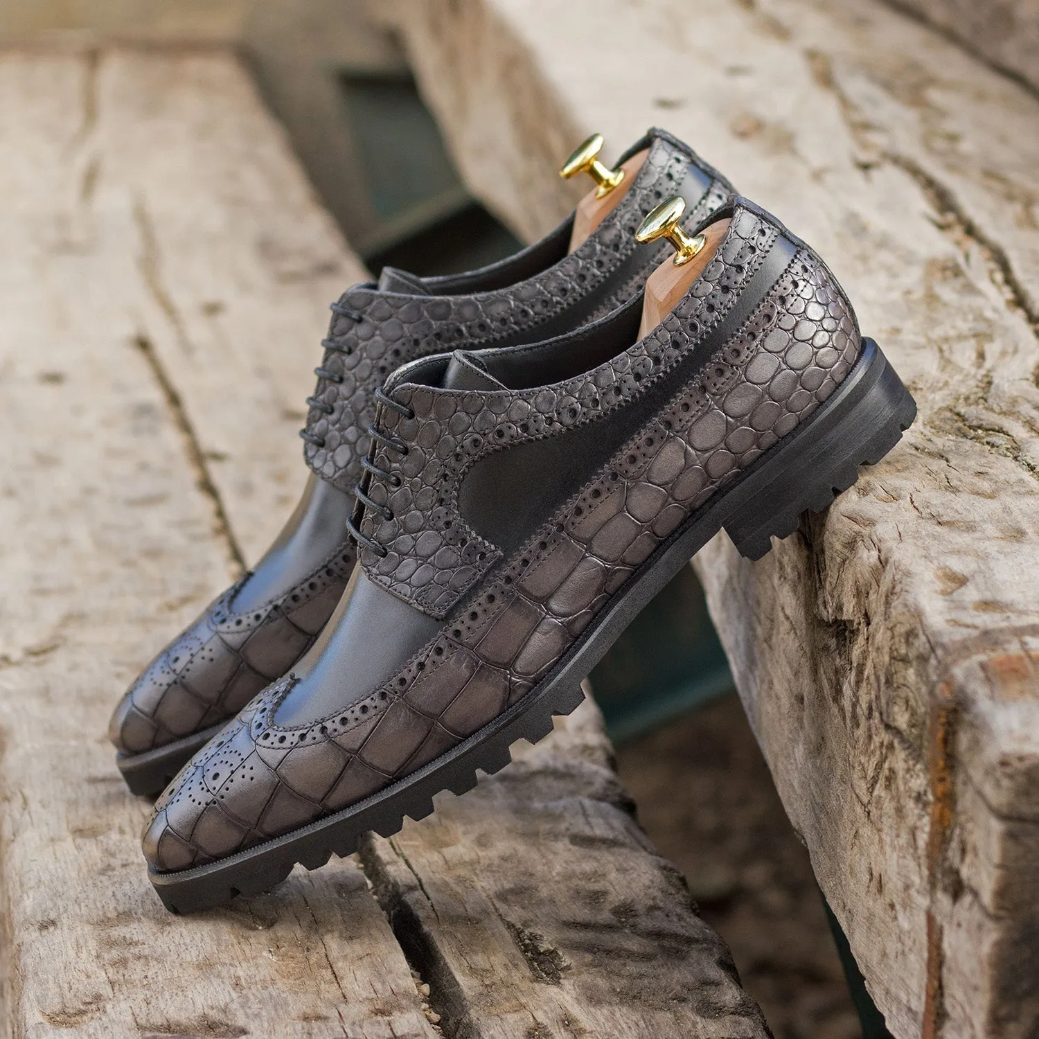 Ambrogio Bespoke Men's Shoes Black & Gray Crocodile Print / Calf-Skin Leather Wingtip Derby Oxfords(AMB2271)