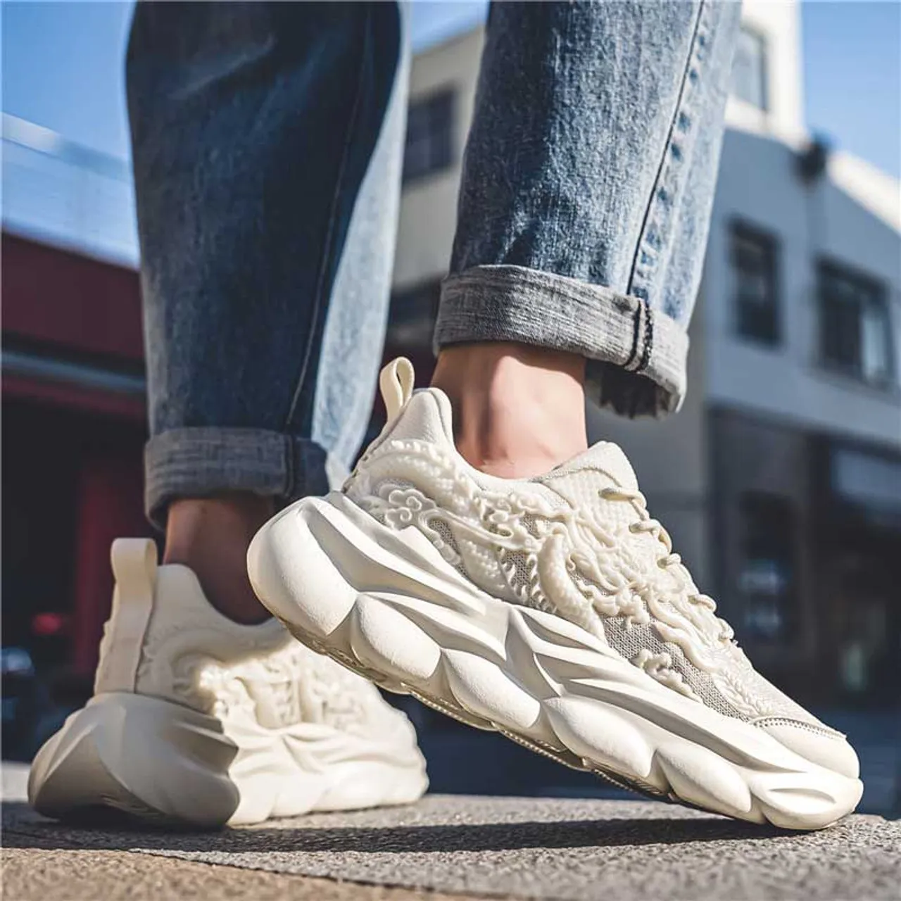 Beige dragon pattern sport shoe sneaker