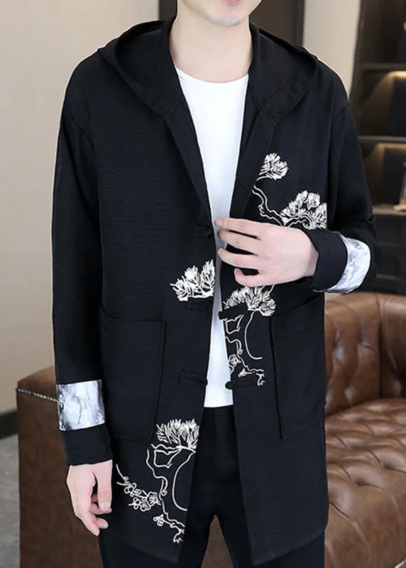 Black Hooded Coat with Long Sleeves - Men's Print Button Style