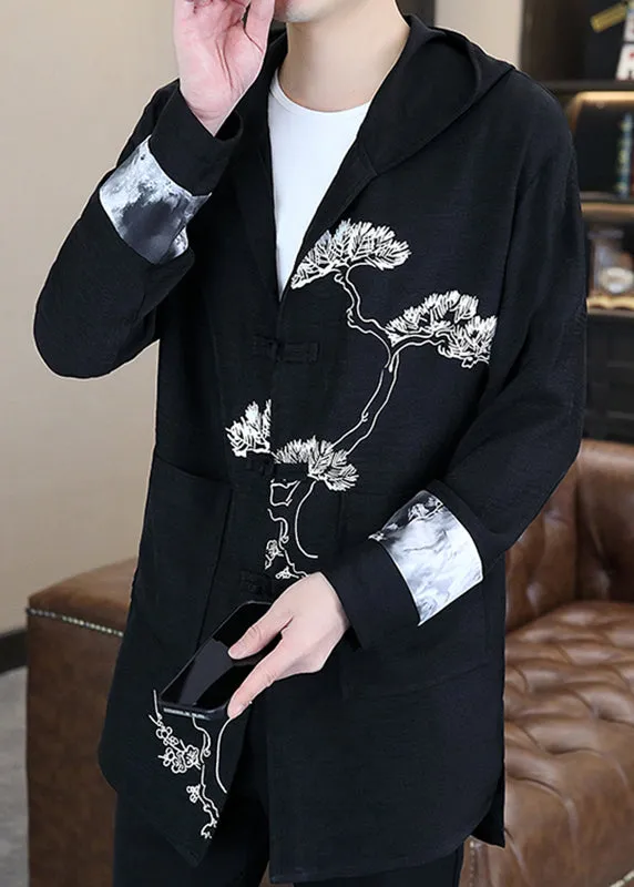 Black Hooded Coat with Long Sleeves - Men's Print Button Style