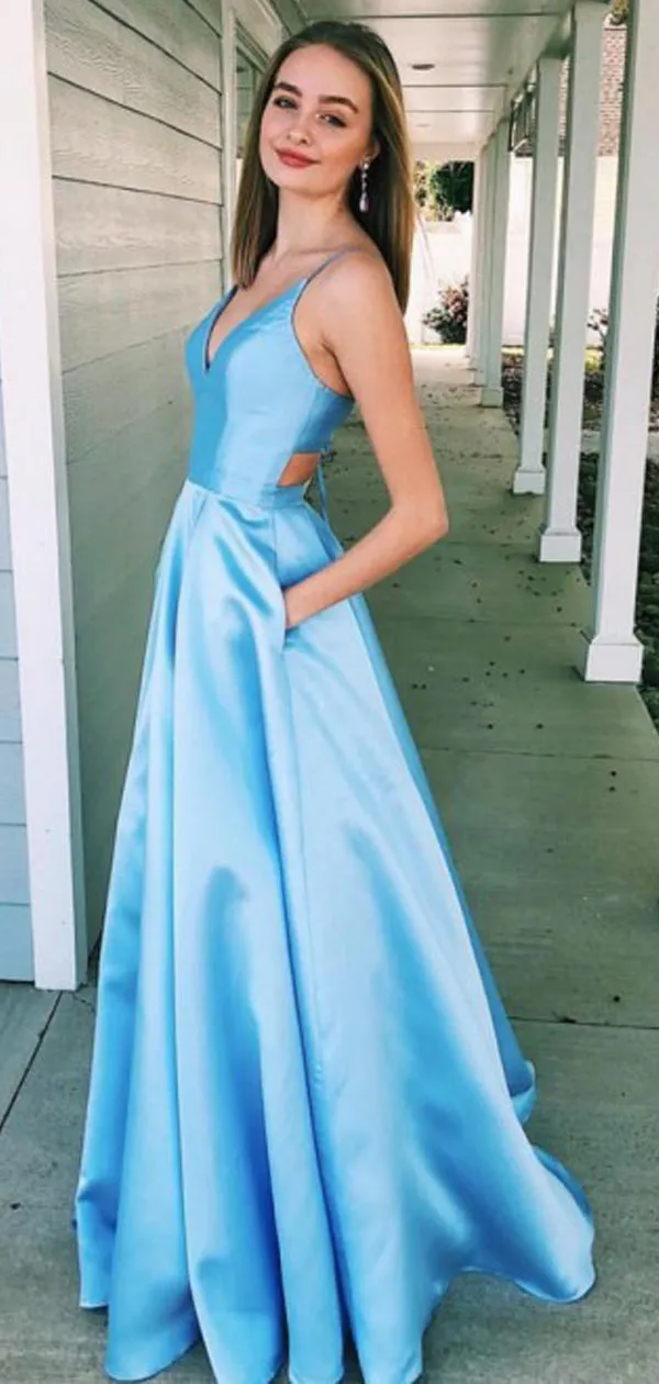 Blue Satin Sleeveless V-neck Lace Up Back A-line Senior Prom Dresses, DB1107