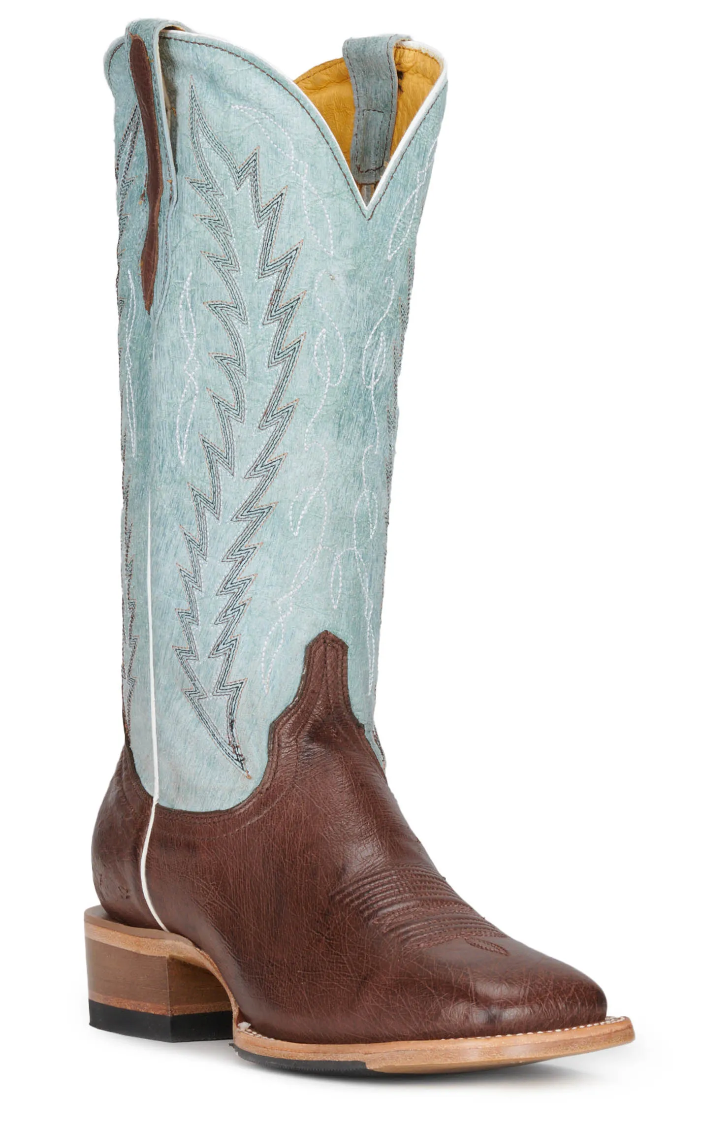 Cavender's Women's Sky Blue and Moka Brown Smooth Quill Ostrich Square Toe Exotic Cowboy Boots