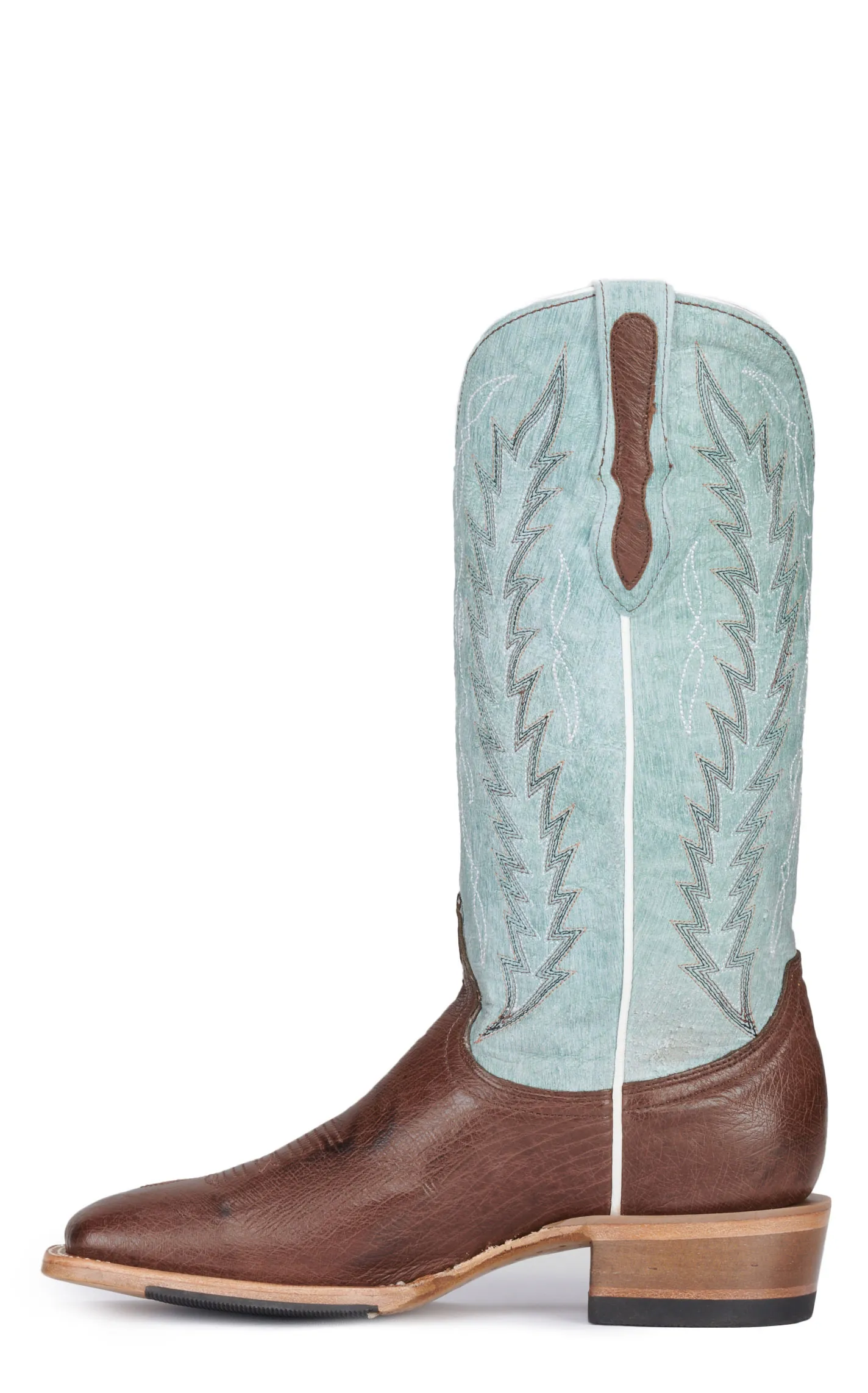 Cavender's Women's Sky Blue and Moka Brown Smooth Quill Ostrich Square Toe Exotic Cowboy Boots