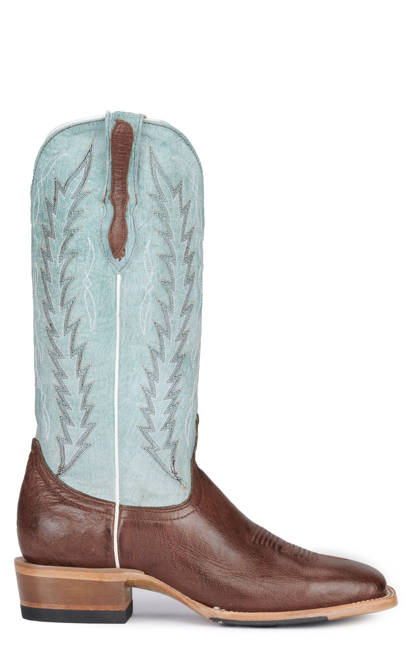 Cavender's Women's Sky Blue and Moka Brown Smooth Quill Ostrich Square Toe Exotic Cowboy Boots