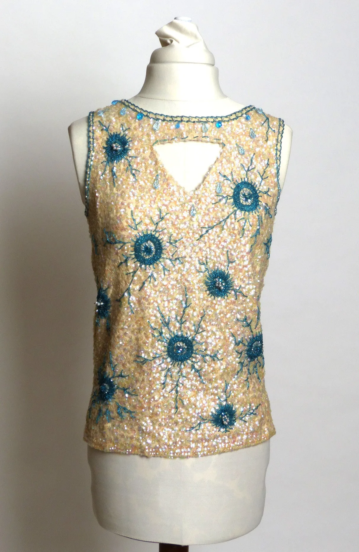 Circa 1960s Hong-Kong Wool Sequin and Beaded Cream and Blue Shell Sweater