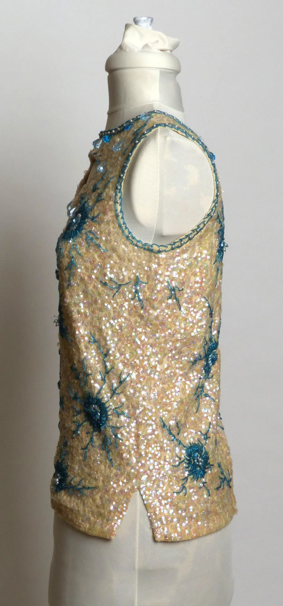 Circa 1960s Hong-Kong Wool Sequin and Beaded Cream and Blue Shell Sweater