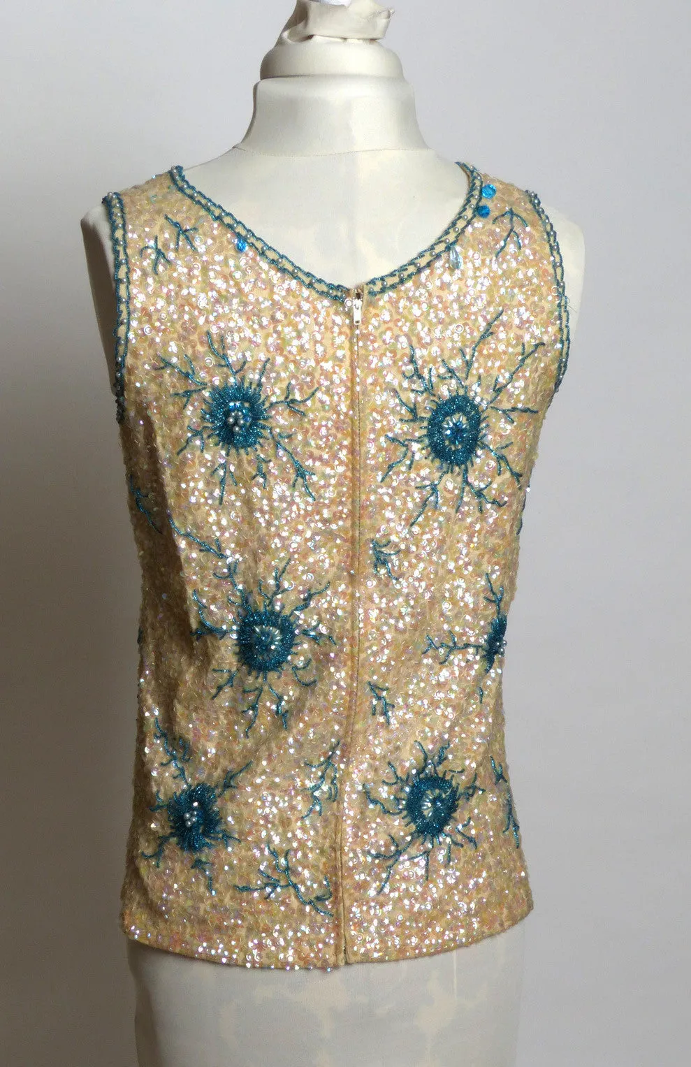 Circa 1960s Hong-Kong Wool Sequin and Beaded Cream and Blue Shell Sweater