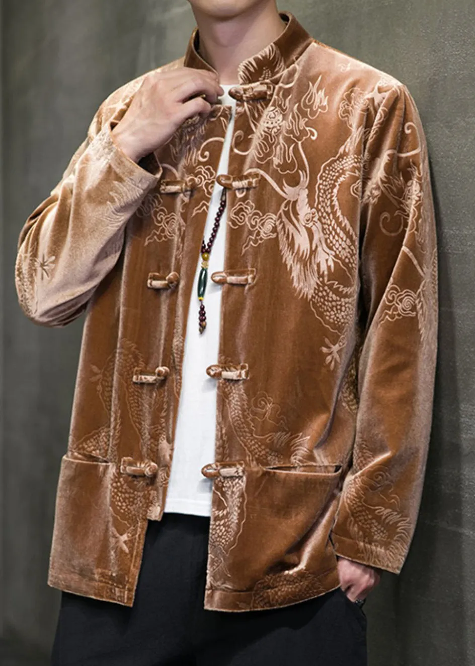 Coffee Spring Coat Men Velour Patchwork Silk Pockets