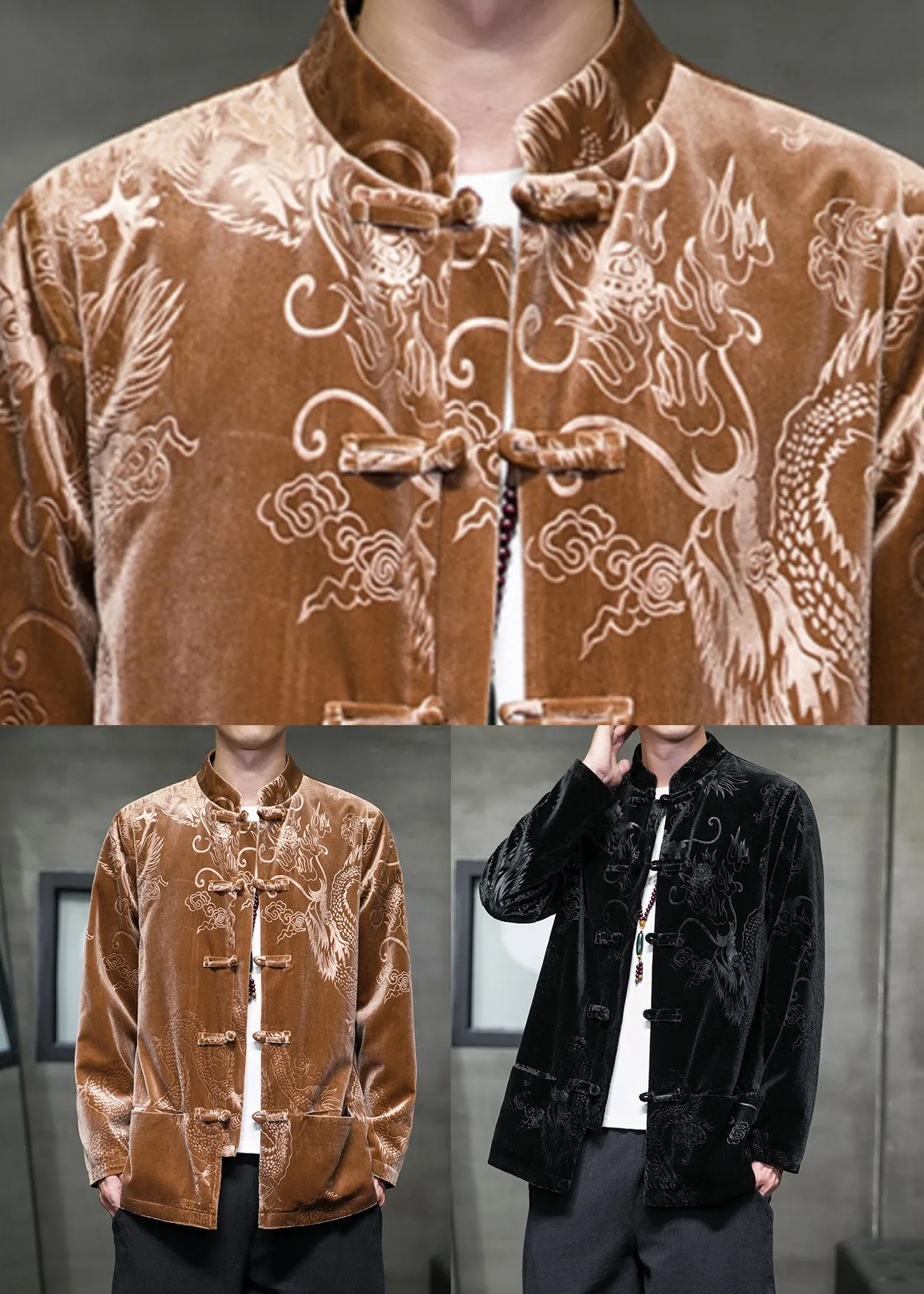 Coffee Spring Coat Men Velour Patchwork Silk Pockets