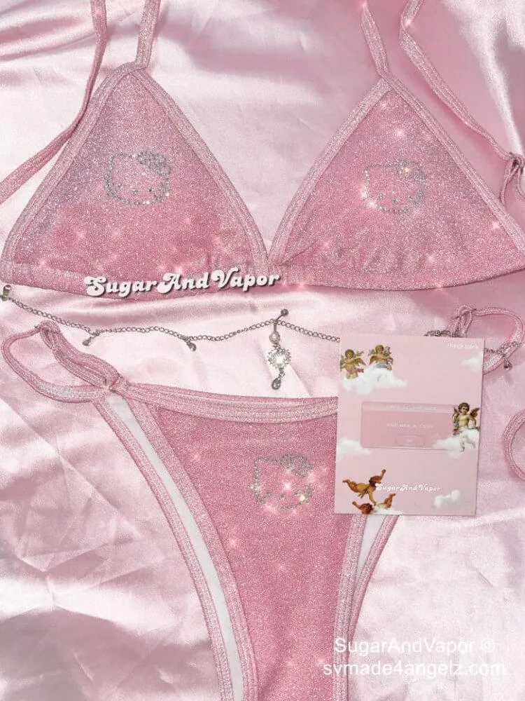 Custom Y2K Bling Kawaii Pink Glitters Bikini Set