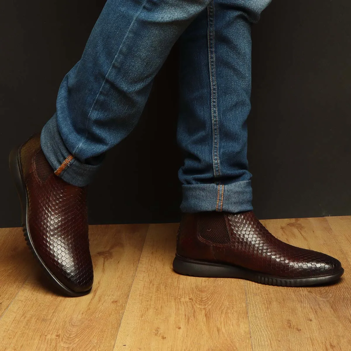 Dark Brown Chelsea Boot with Hand scaling Snake Skin Textured Leather Light weight sole