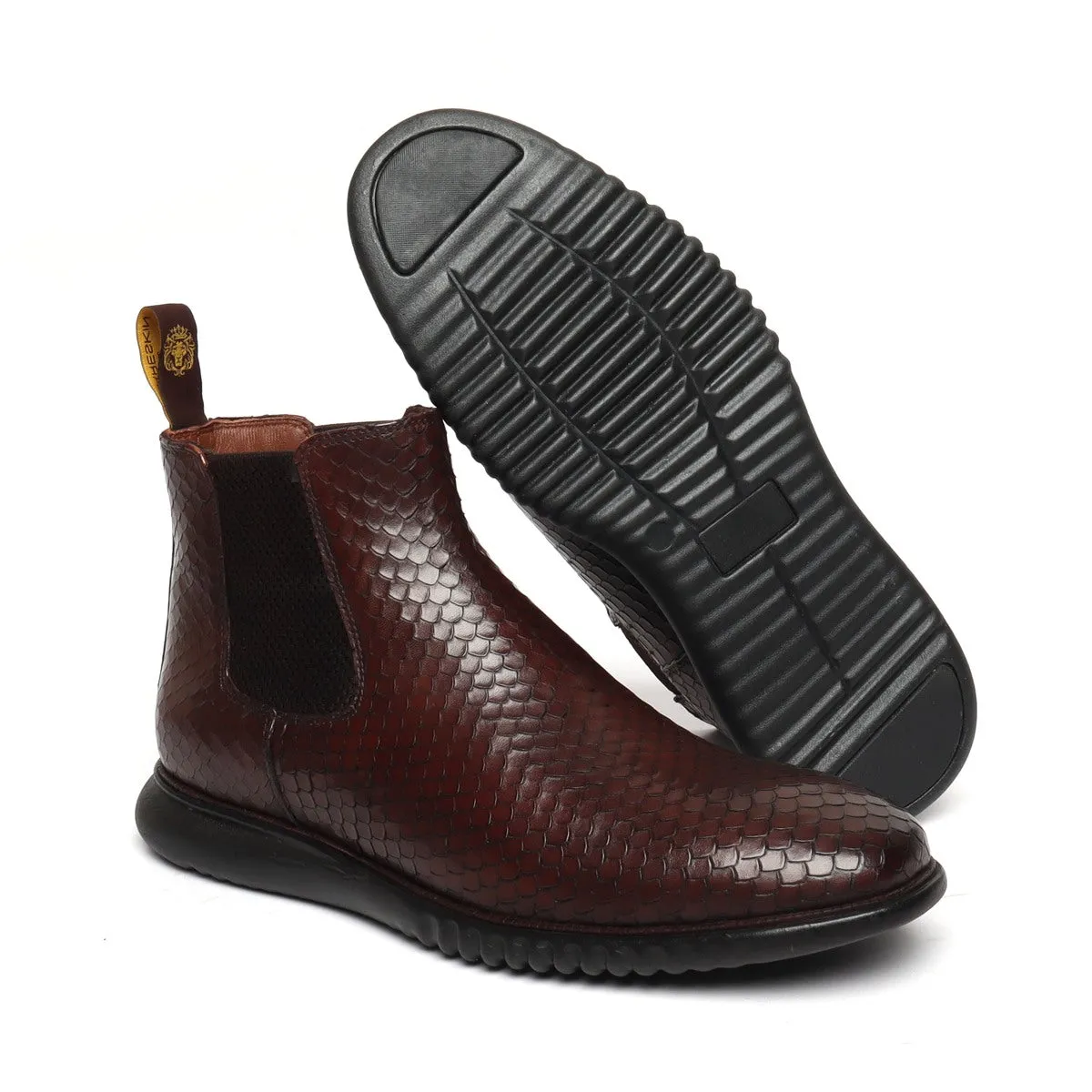 Dark Brown Chelsea Boot with Hand scaling Snake Skin Textured Leather Light weight sole