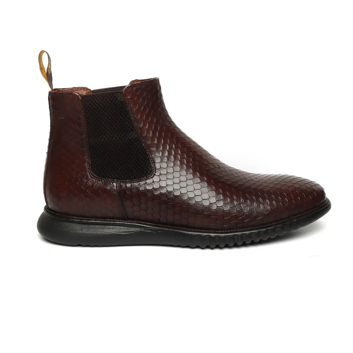 Dark Brown Chelsea Boot with Hand scaling Snake Skin Textured Leather Light weight sole