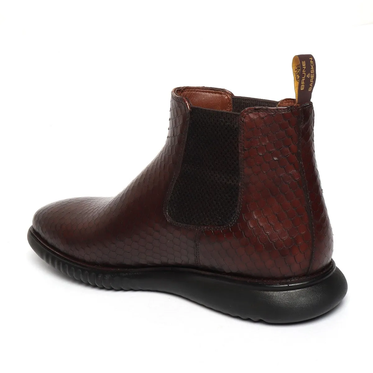 Dark Brown Chelsea Boot with Hand scaling Snake Skin Textured Leather Light weight sole