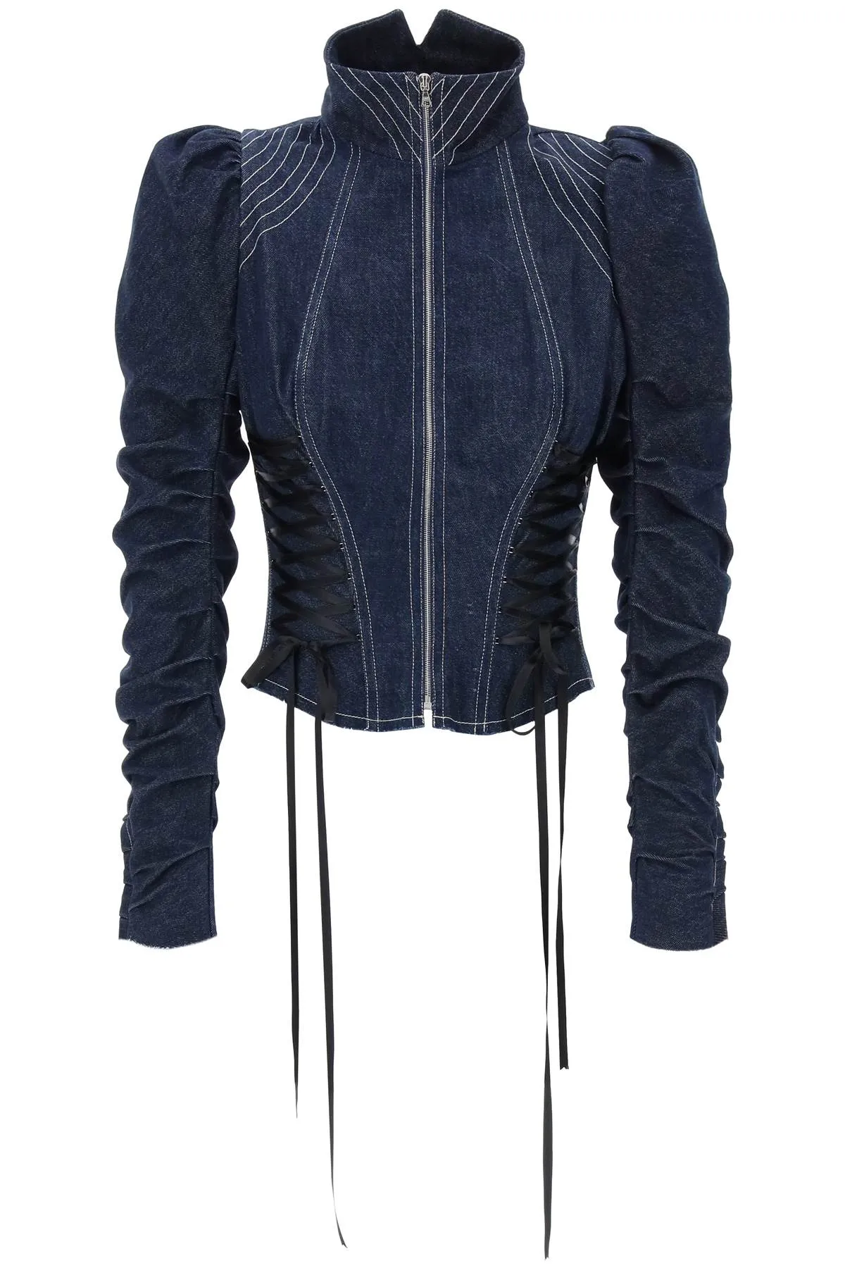 Denim jacket with corset waist design.