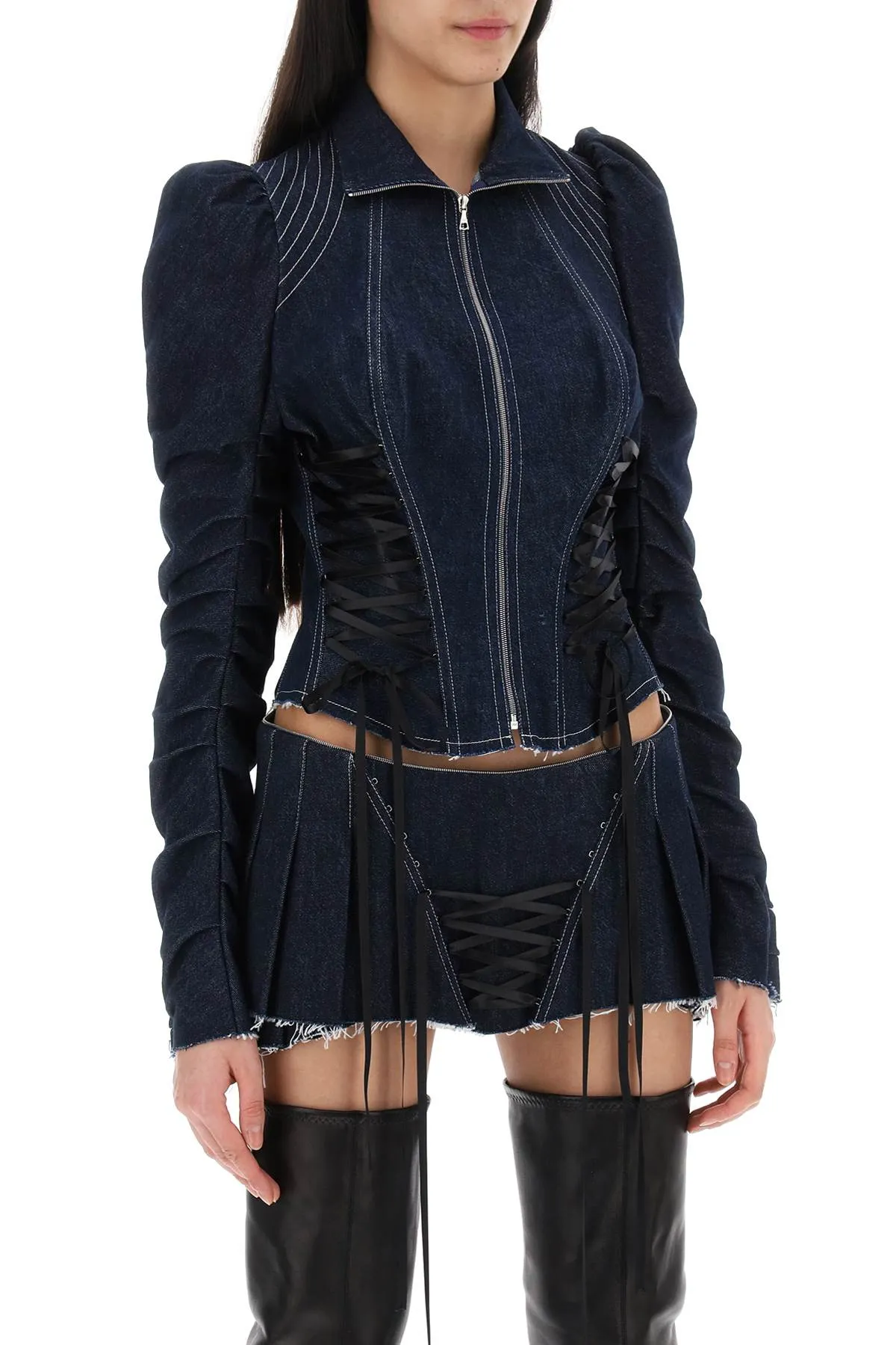 Denim jacket with corset waist design.