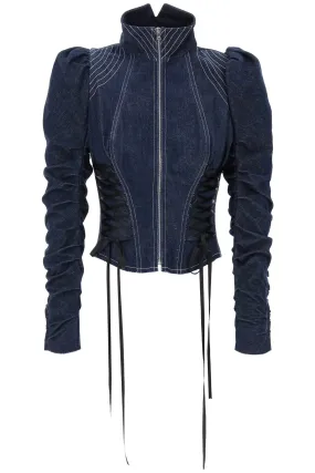 Denim jacket with corset waist design.