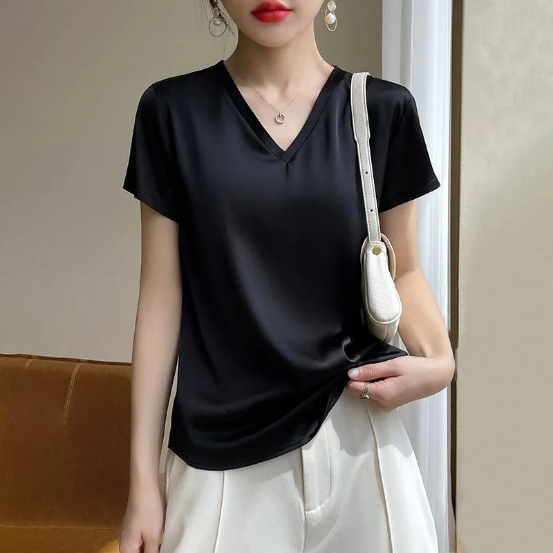 Elegant Satin Silk Top - V-Neck and Short Sleeves, Thin Shirt Design