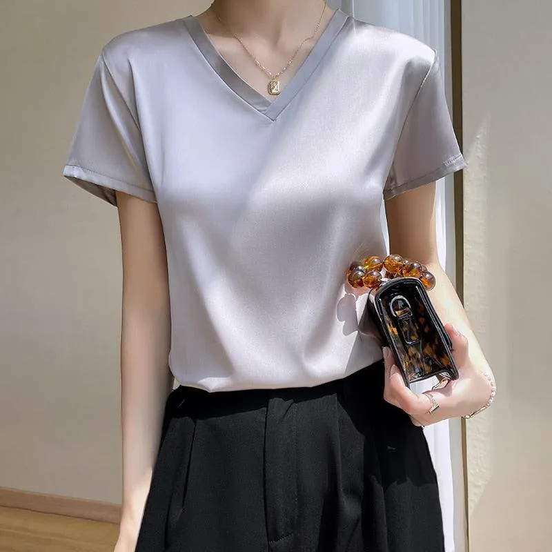 Elegant Satin Silk Top - V-Neck and Short Sleeves, Thin Shirt Design