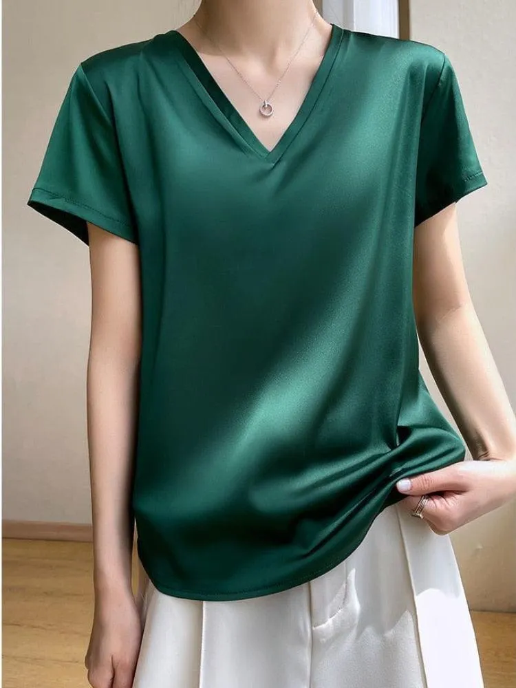 Elegant Satin Silk Top - V-Neck and Short Sleeves, Thin Shirt Design