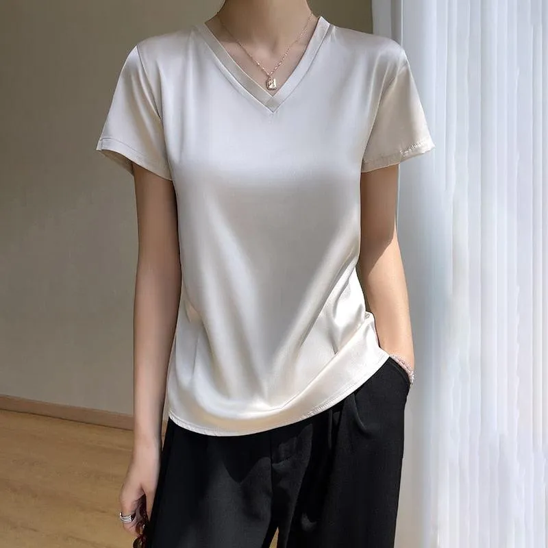 Elegant Satin Silk Top - V-Neck and Short Sleeves, Thin Shirt Design