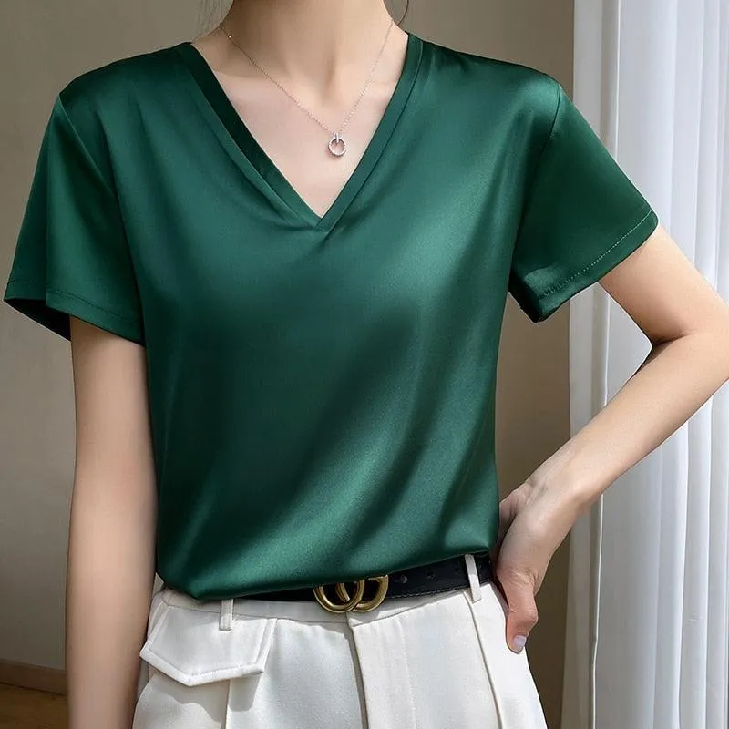 Elegant Satin Silk Top - V-Neck and Short Sleeves, Thin Shirt Design