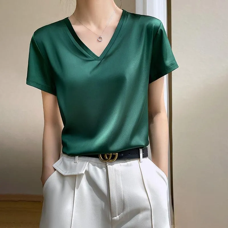 Elegant Satin Silk Top - V-Neck and Short Sleeves, Thin Shirt Design