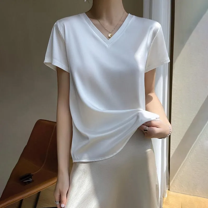 Elegant Satin Silk Top - V-Neck and Short Sleeves, Thin Shirt Design