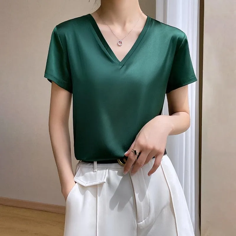 Elegant Satin Silk Top - V-Neck and Short Sleeves, Thin Shirt Design