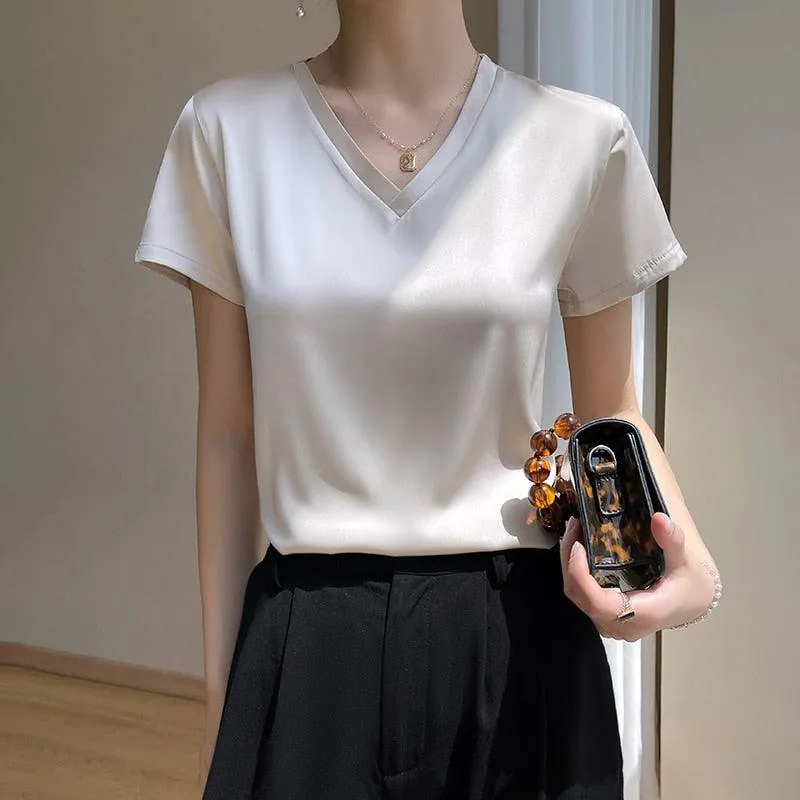 Elegant Satin Silk Top - V-Neck and Short Sleeves, Thin Shirt Design