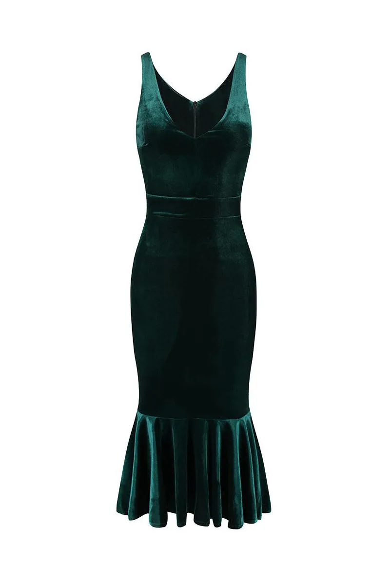 Emerald Green Velour Sleeveless Peplum Hem V Neck Wiggle Dress