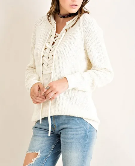 Final Sale - All Tied Up Lace-Up Front Sweater - More Colors