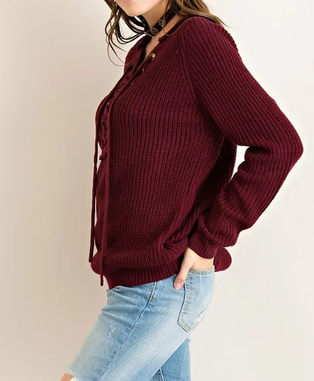 Final Sale - All Tied Up Lace-Up Front Sweater - More Colors