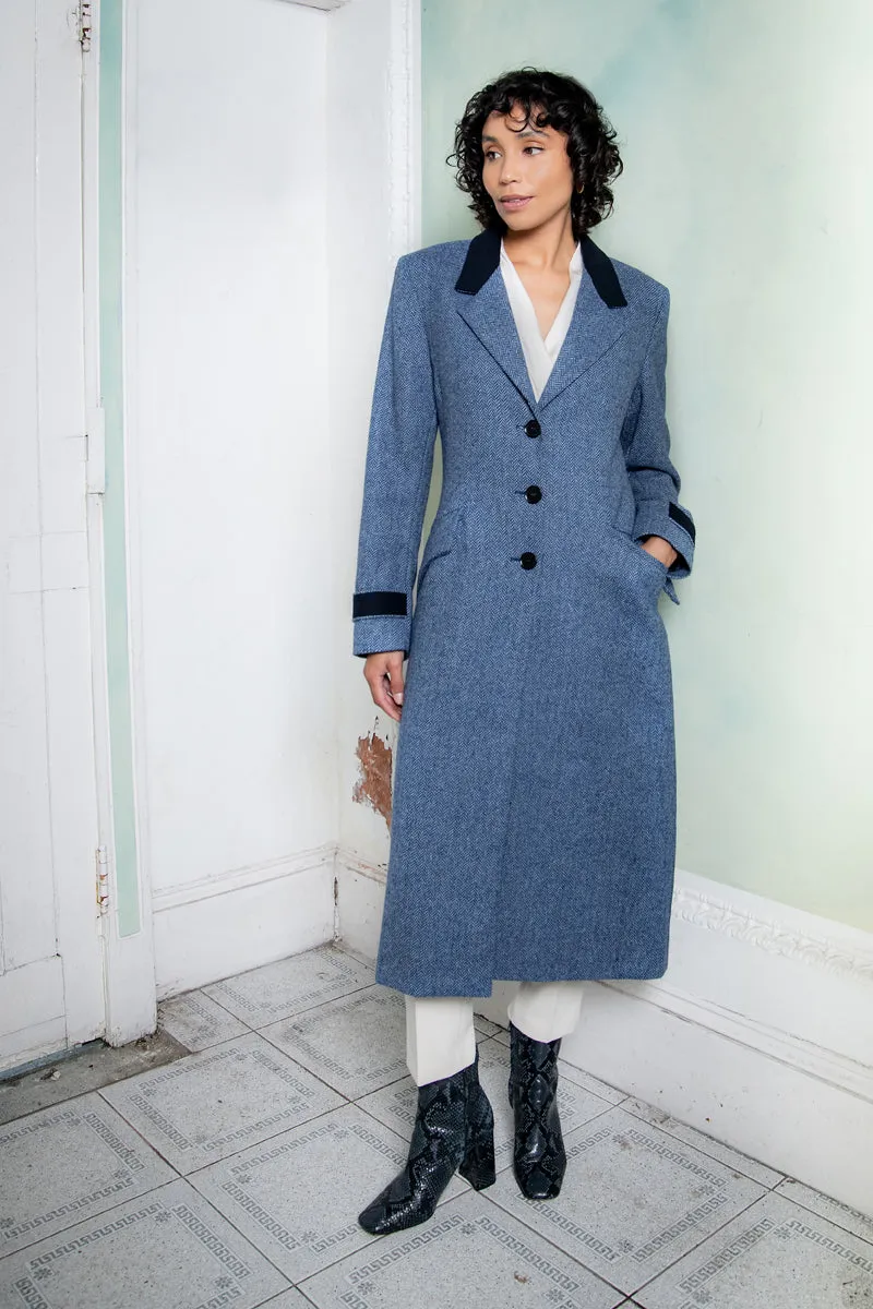 Fran Tweed Coat - Light Blue Herringbone