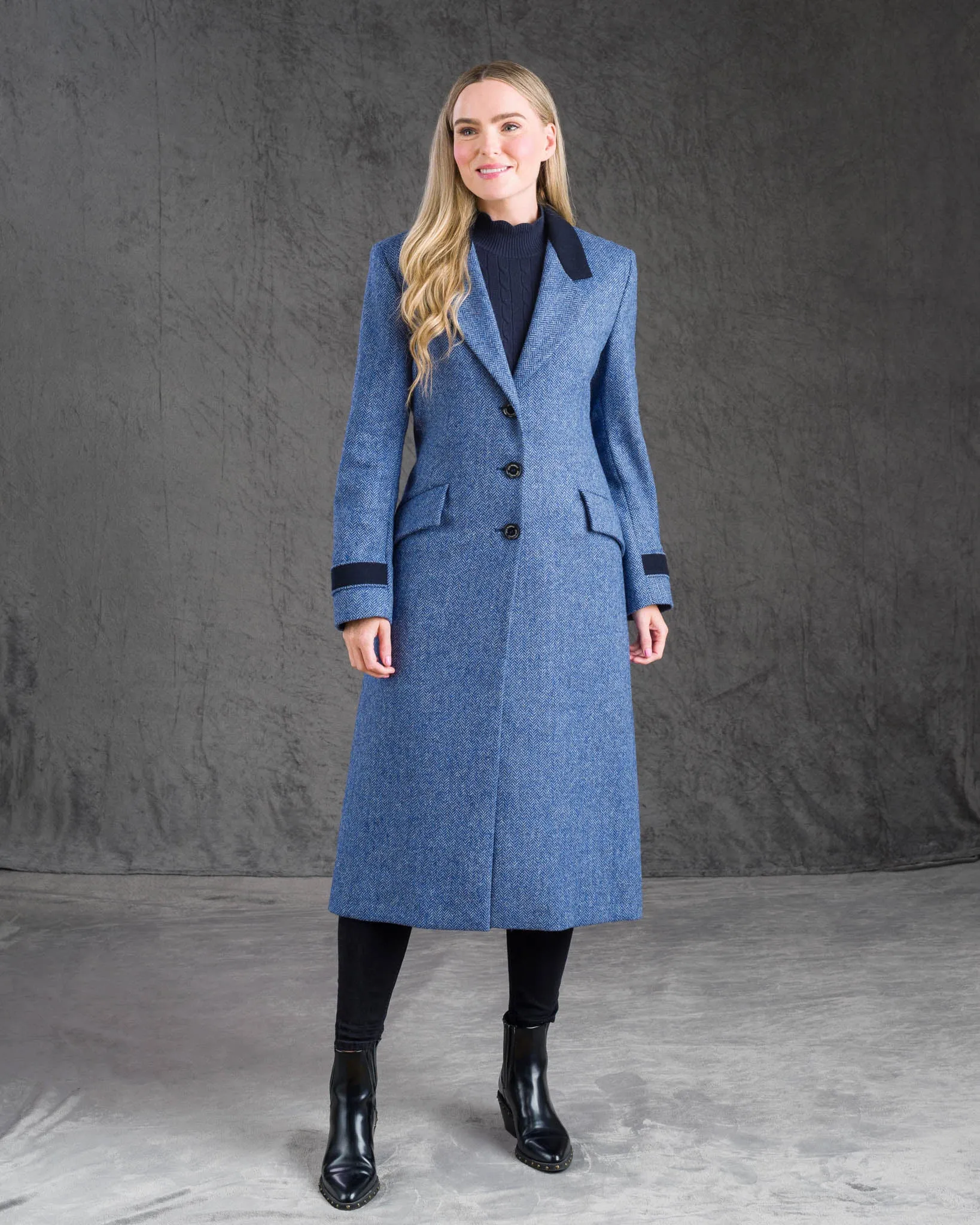 Fran Tweed Coat - Light Blue Herringbone