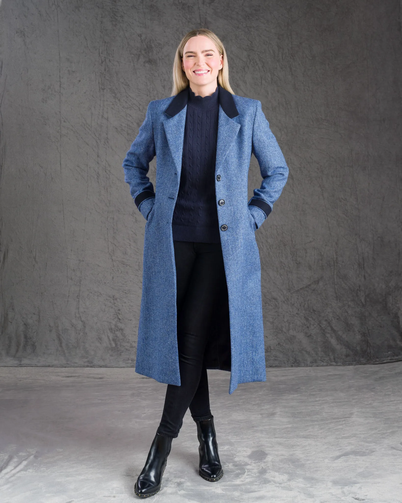 Fran Tweed Coat - Light Blue Herringbone