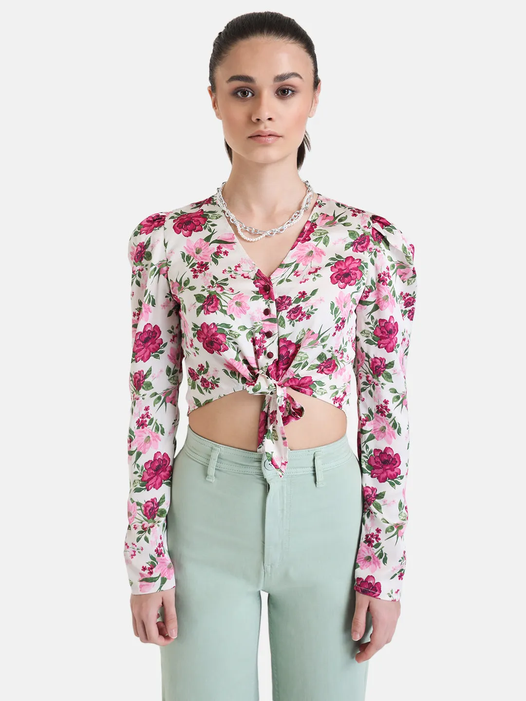 Full Sleeve Printed Cropped Shirt With Knot