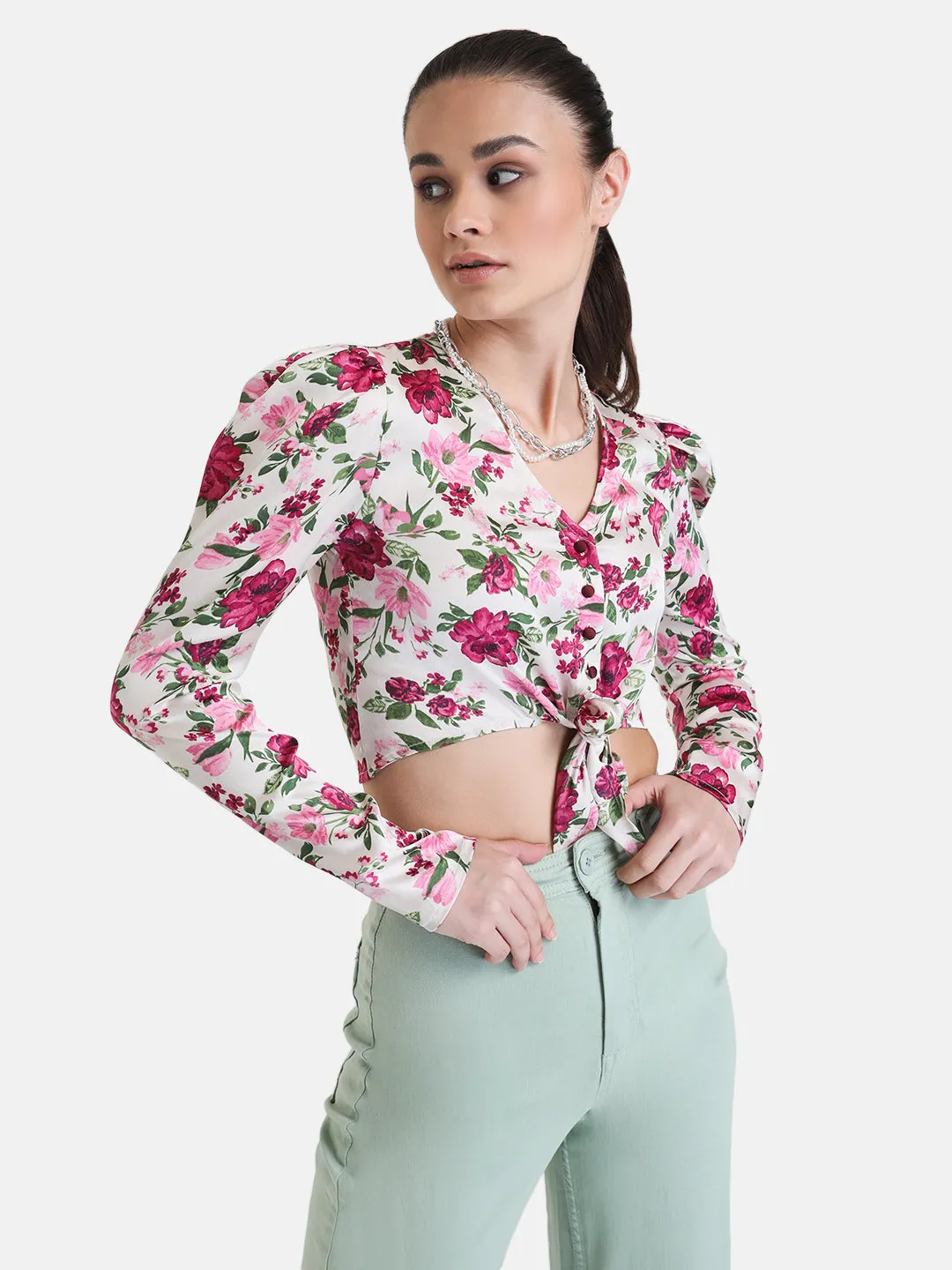 Full Sleeve Printed Cropped Shirt With Knot