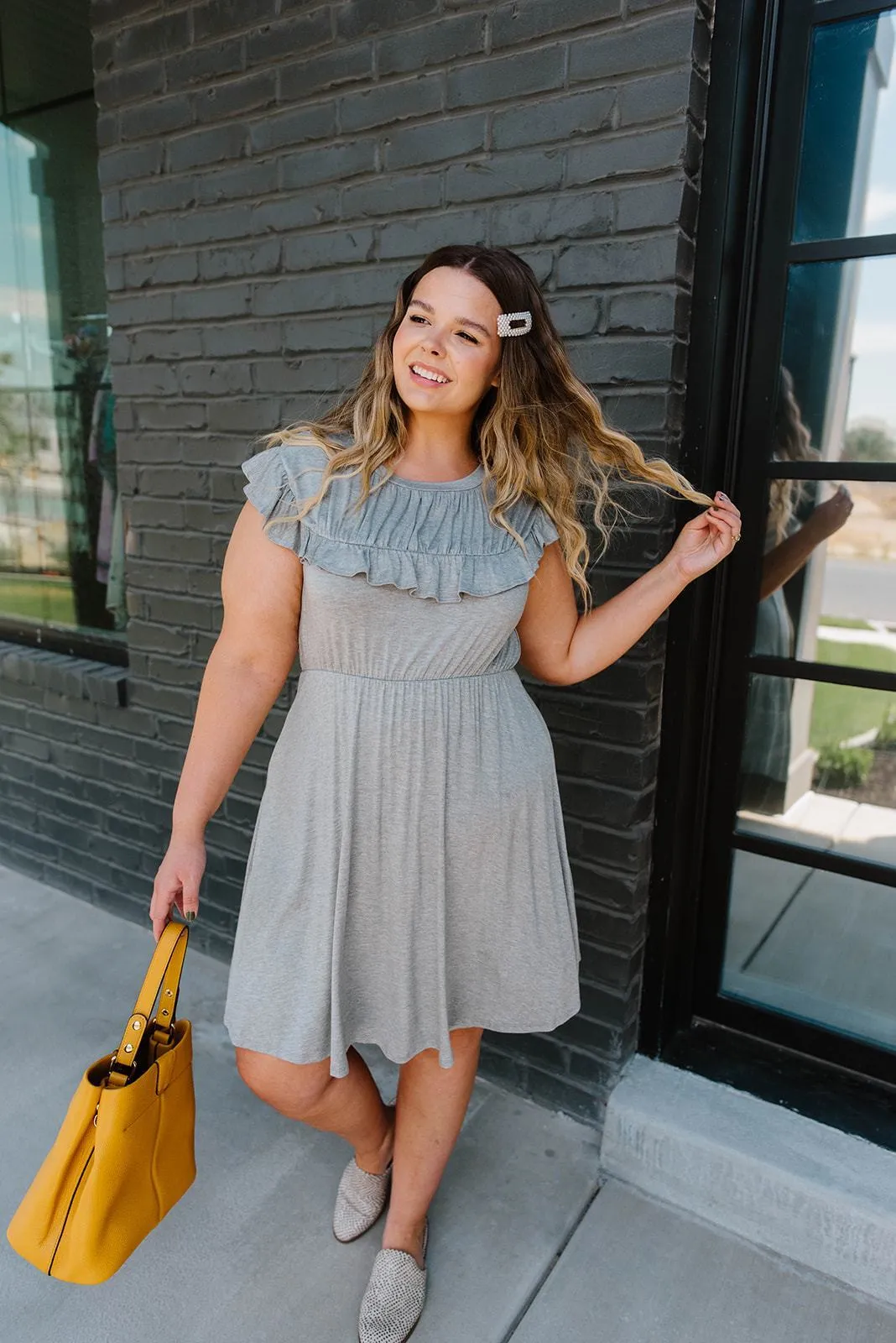 Gray Day Ruffled Yoke Dress - On Hand