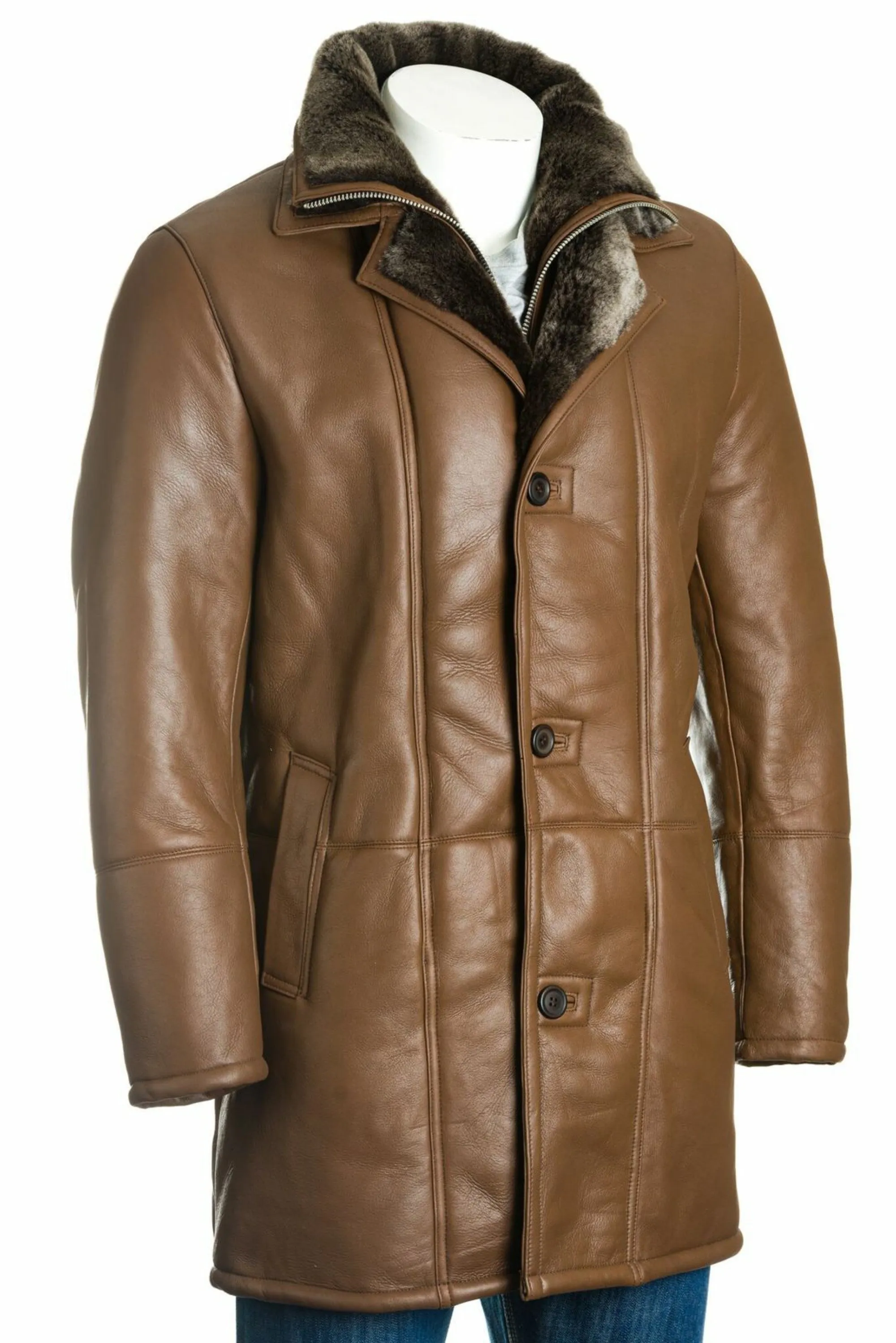 Men's Brown Smart Leather Finish Sheepskin Shearling Coat: Samuele