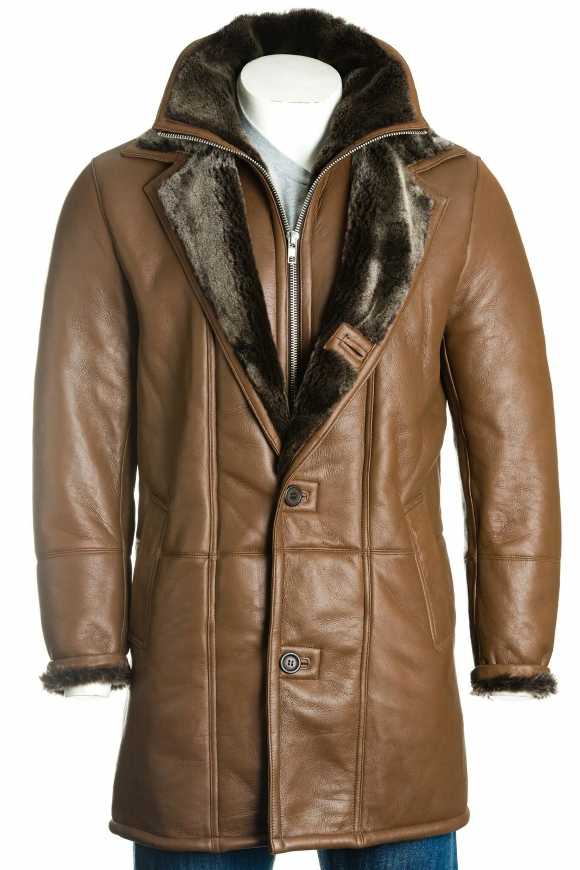 Men's Brown Smart Leather Finish Sheepskin Shearling Coat: Samuele