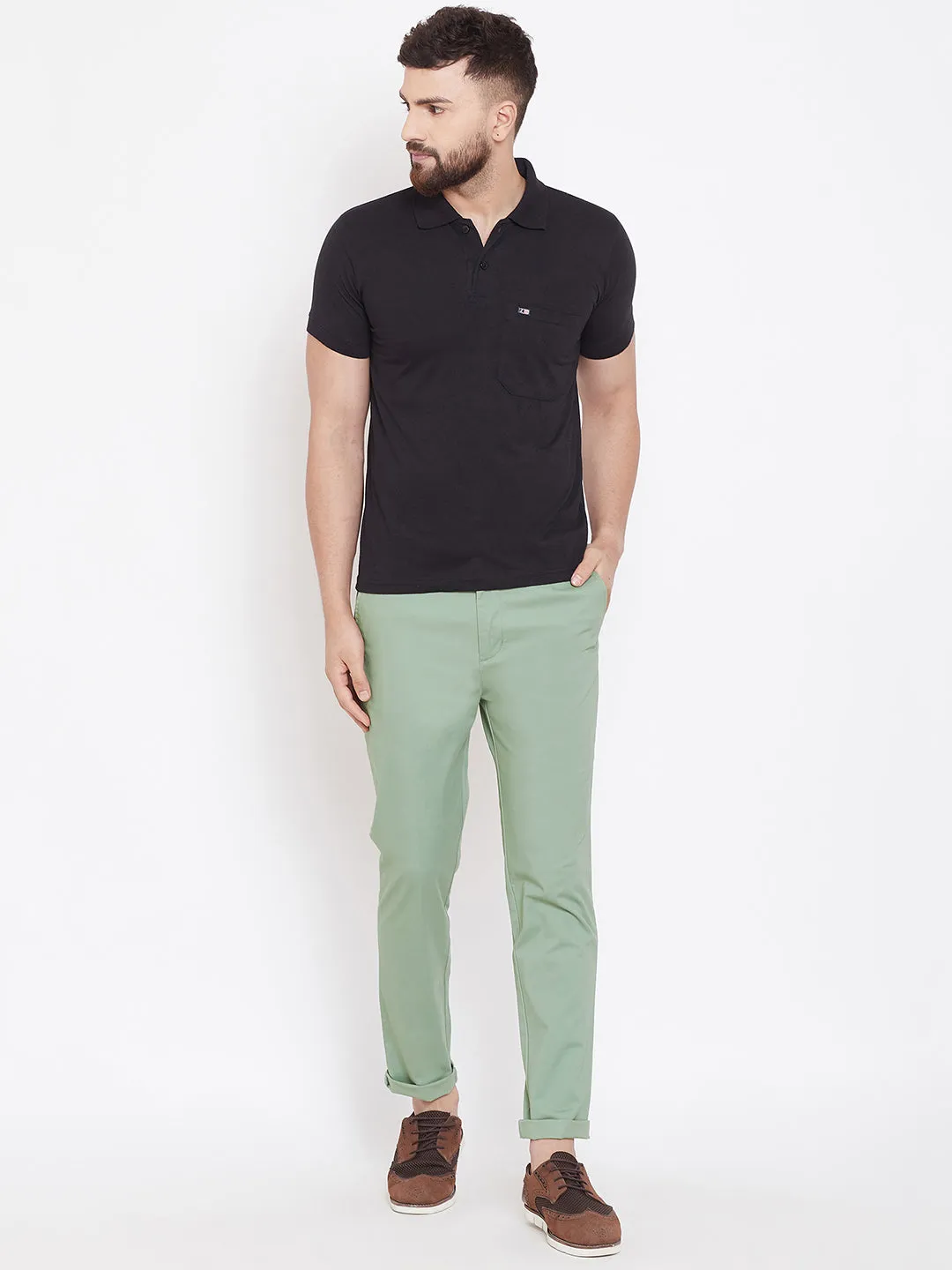 Men's Fern Green Stretch Washed Casual Tailored Fit Chinos